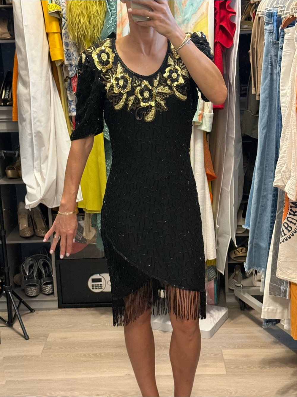 Vintage 100% Silk Black Dress with Gold Floral and Fringe Beading Gatsby Style